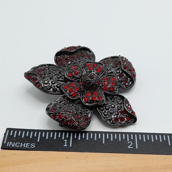 Vintage Red Rhinestone Black Metal Flower Brooch, 2" - Picture 5 of 10